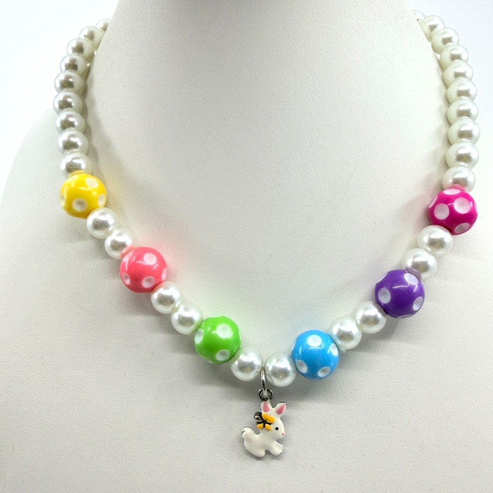 VTG Colorful Polka Dot Faux Pearl Necklace with Bunny Pendant